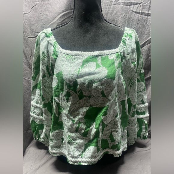 NWT Tahari 100% linen on/off the shoulder tropical print top sz L - Picture 1 of 8